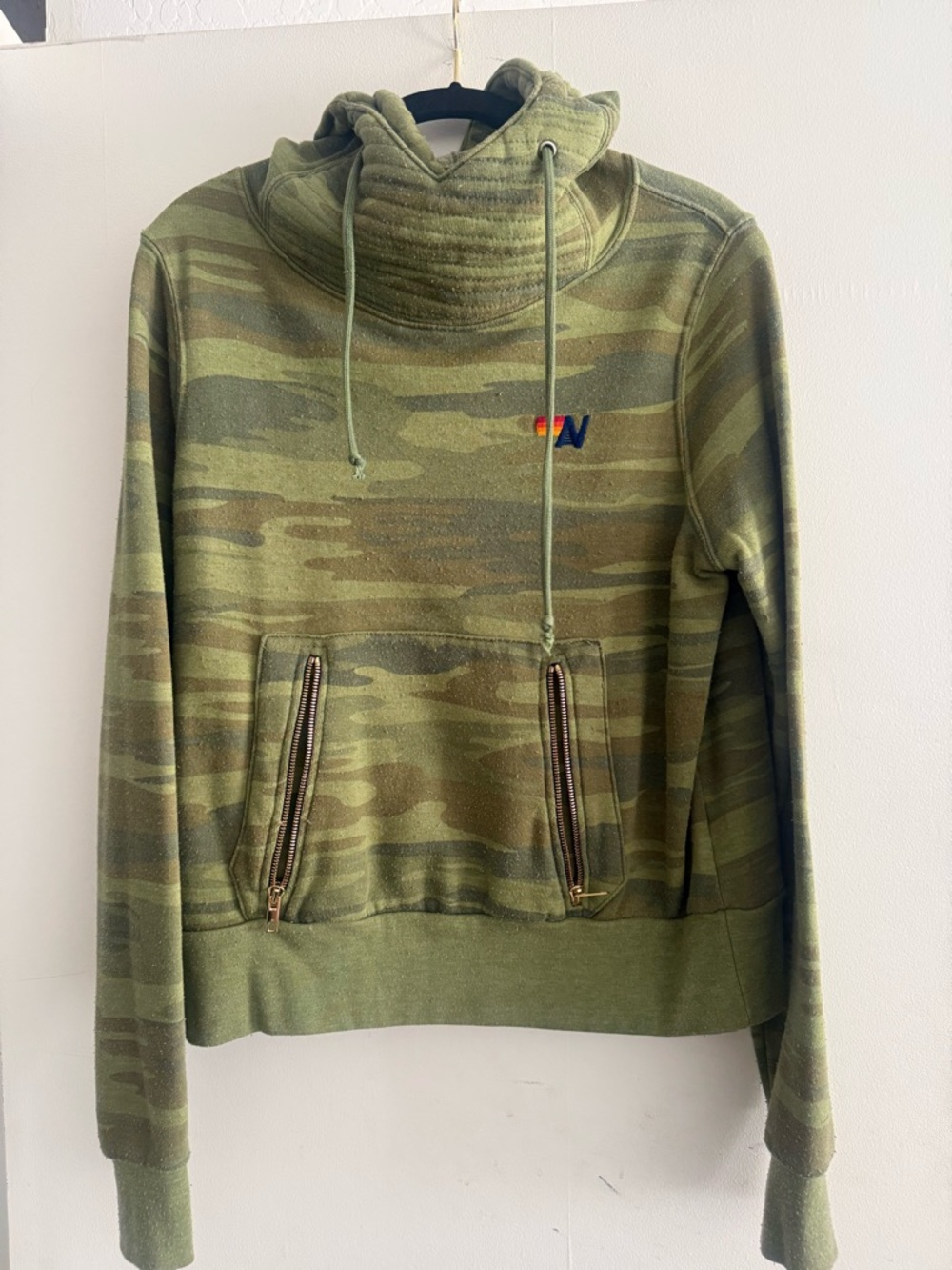 Aviator Nation Camo Green Pullover Hoodie with Funnel Neck